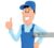 cute cartoon worker in blue workwear show thumb up. vector illustration.
